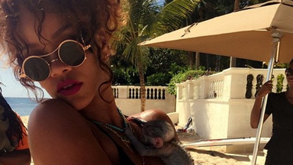 Rihanna gosar med en liten apa. 